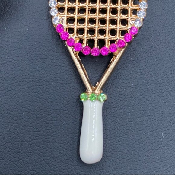 Cute Tennis Racket Statement Earrings with PomPom and Rhinestones - Picture 4 of 8